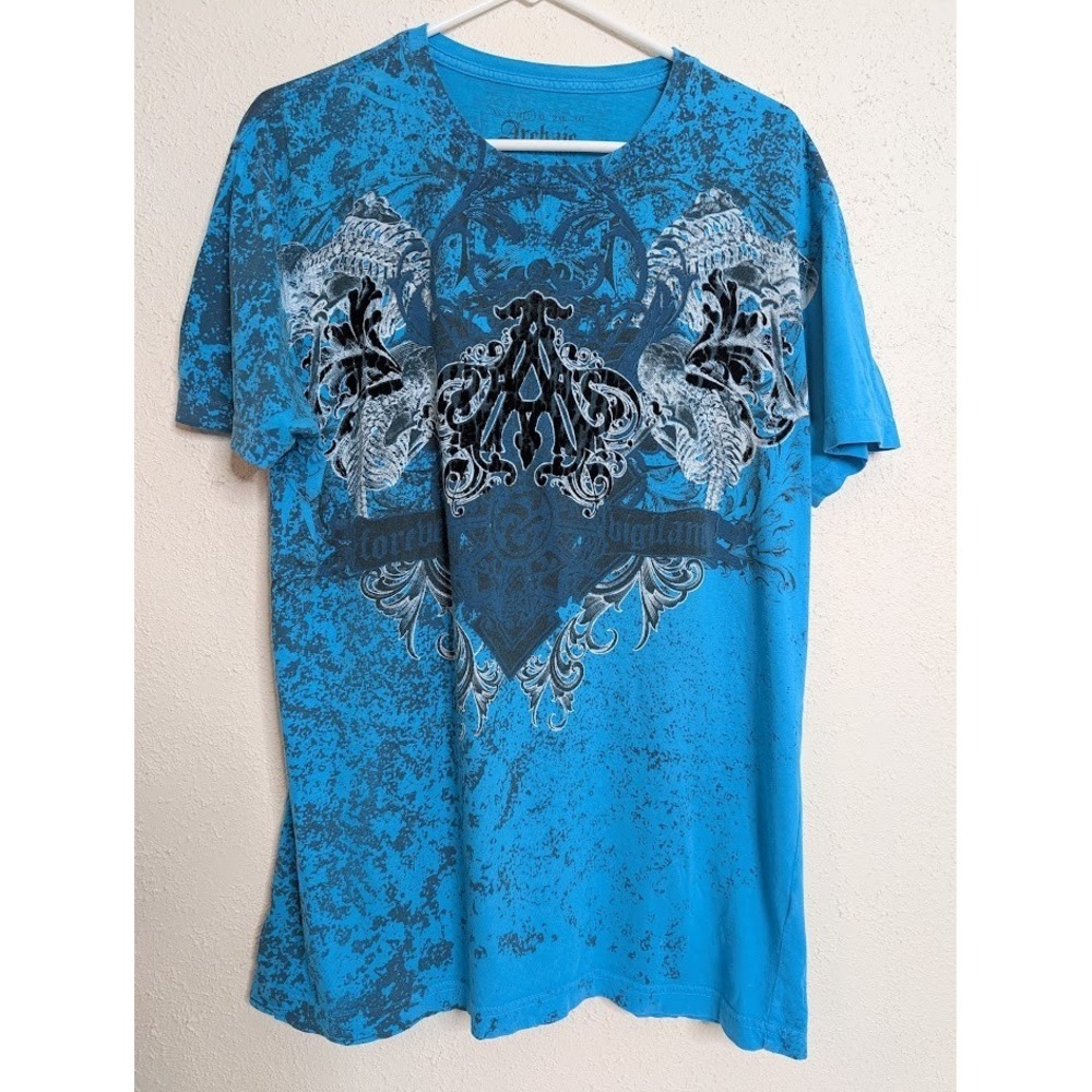 Archair by Affliction Mens Shirt Large Blue‎ Graphic MMA Short Sleeve Bone Skull